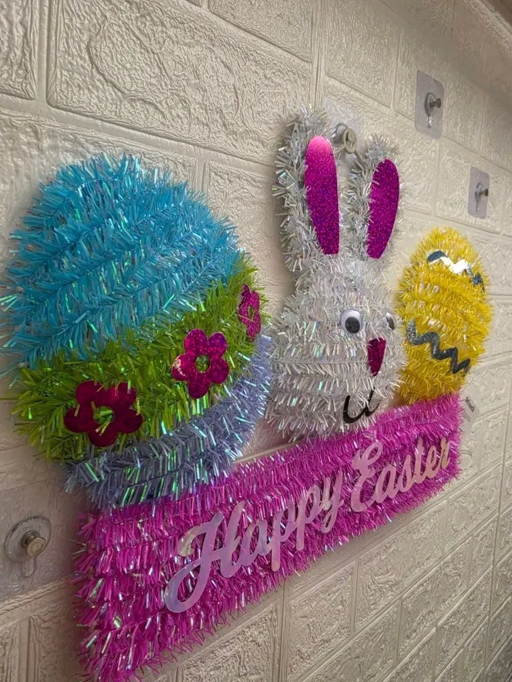 New Happy Easter Spring Tinsel Wreath WALL Decor BUNNY 19